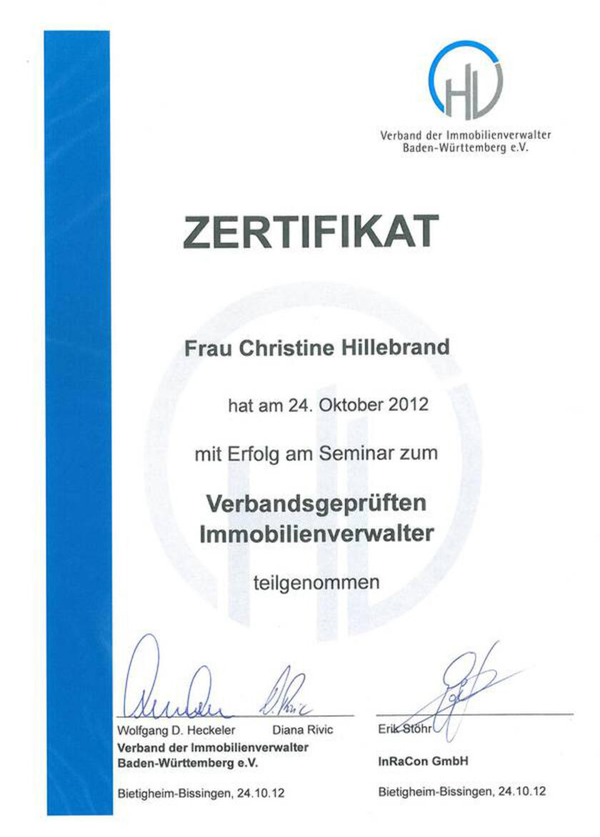 Zertifikat Verband der Immobilienverwalter Christine Hillebrand 2012